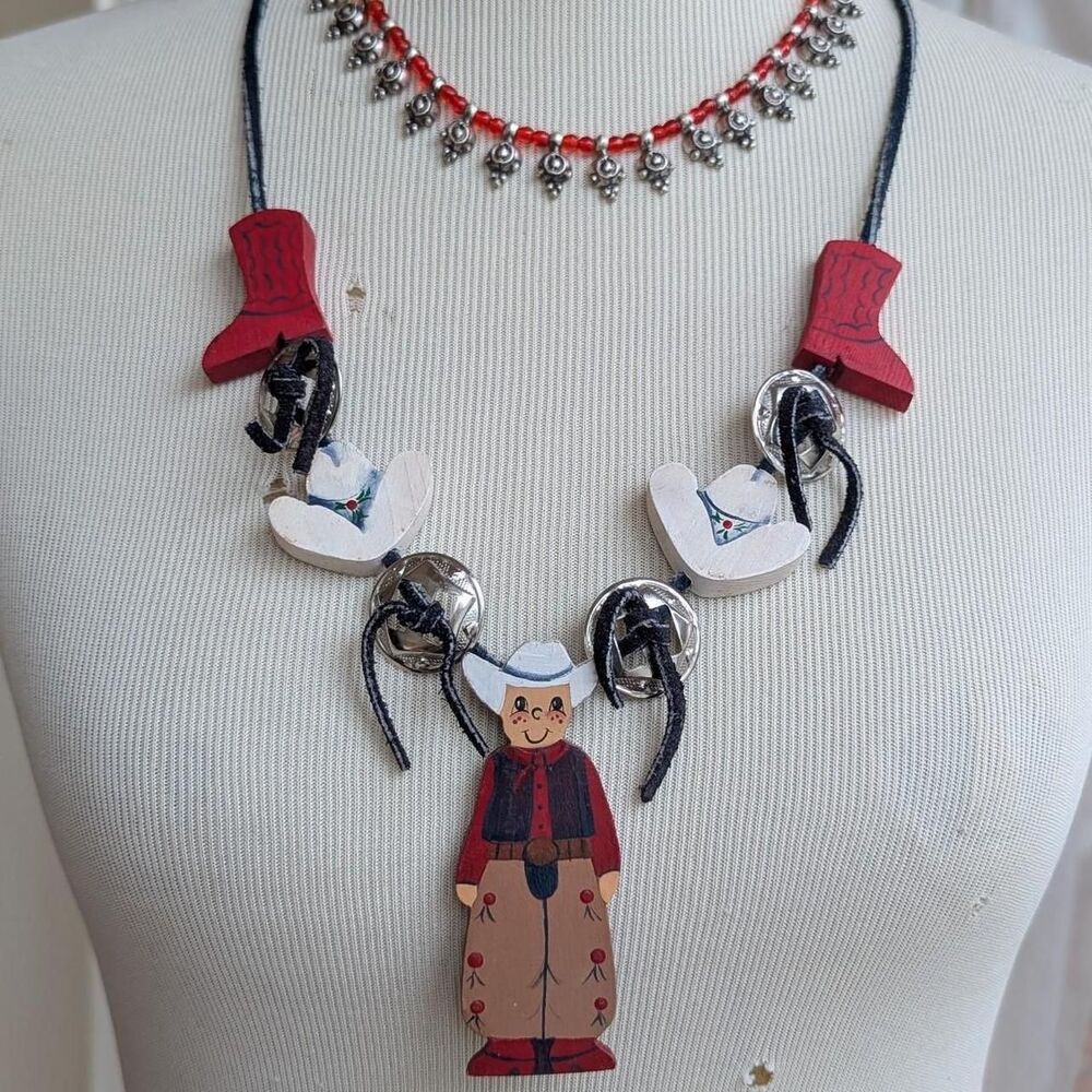 Handmade Cowboy Wooden Bead Statement Necklace Leather Concho Boot Hat OOAK